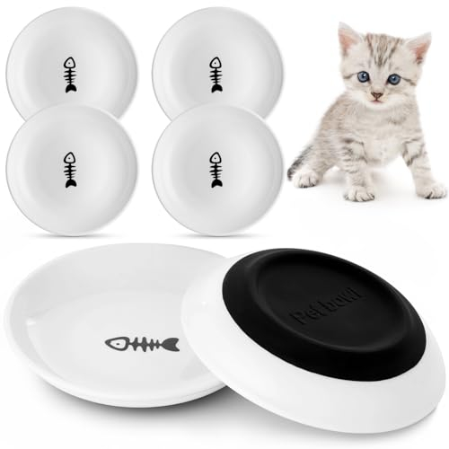 Dorakitten 6Pcs Ceramic Cat Bowls, No Whisker Fatigue Wide Shallow Cat Dishes with Non-Slip Silicone Bottom, Pet Cat Food Water Plates Bowls, 15cm Diameter