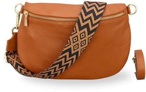 BRISE Bauchtasche Damen Echtleder AFIA Gold Handgemachte Umhängetasche Crossbody Bag mit Ledergurt + Optionalen Breiten Gemusterten Riemen 3 Fächer Hüfttasche Made in Italy (Cognac Braun-Gold 4)
