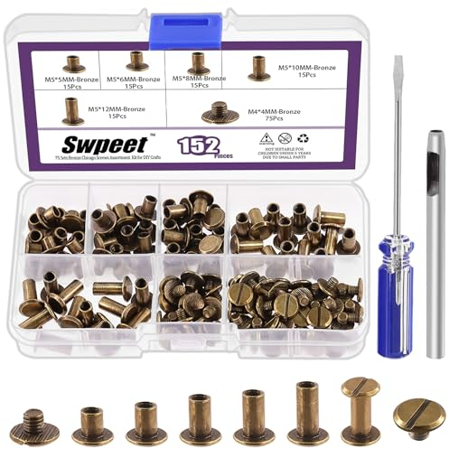 Swpeet Viti in bronzo da 152 pezzi, M5 x 5 mm, 6 mm, 8 mm, 10 mm, 12 mm, assortite, con foro e cacciavite, per fai da te e rilegatura