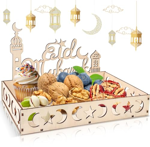 Plateau en Bois Ramadan, Ramadan Mubarak Plateaux, Plateau à Dessert en Bois Eid Mubarak, Plateau Service Artistique Creux Eid Mubarak Décoration Ornement pour Pâtisserie Présentoir (B)