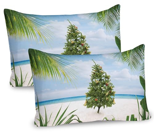 ABAKUHAUS Weihnachten Kissenbezug Packung mit 2, Baum mit Lametta und Verzierungen Tropical Island Sandy Beach Party Theme, Dekorativer Standard Gedruckter Kissenbezug, 80 x 40 cm, Creme Grün Blau