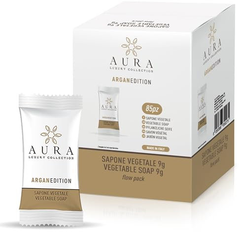 Aura Luxury Collection Kit 85 Saponette Ovali Profumate da 9 gr All'Argan, Ideali per B&B e Hotel, Donano alla Pelle un Aspetto Sano Rendendola Morbida ed Elastica