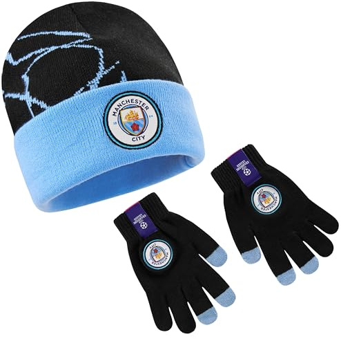MANCHESTER CITY FC Schal Herren Jungen, Strickschal Mit Fransen, Halstuch mit Fanartikel, Fußball Geschenke Für Männer Jungen (6-14 Jahre, Blau Set)