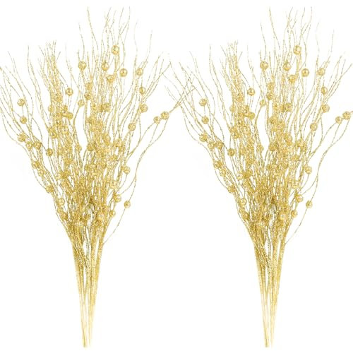 Juego de 12 rollos de purpurina artificial para árbol de Navidad, 41 cm, adornos de bayas doradas, ramas decorativas para decoración de árbol de Navidad, corona de Adviento, guirnalda de Navidad,