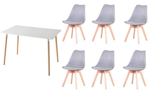 GrandCA HOME Esszimmergruppe mit 6 Stühlen, Essgruppen-Set mit 6 Esszimmerstühlen und Esstisch, für Wohnzimmer, Küche, Büro, (6 Grau Stühle + 1 Weiß Tisch)