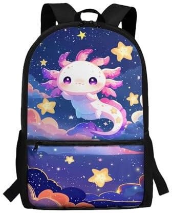 TOADDMOS 43,2 cm glatter Rucksack mit Reißverschluss für Mädchen und Jungen, leichter Schulranzen-Rucksack, Universe Space Axolotl