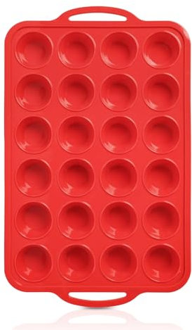 Foepoge Mini Muffins Backform Silikon mit Metallrahmen für 24 Muffins, Antihaft Mini Muffinform Silikon 24er, BPA-Freie Muffinblech Muffinformen für Cupcakes, Pudding, Brownies, Rot