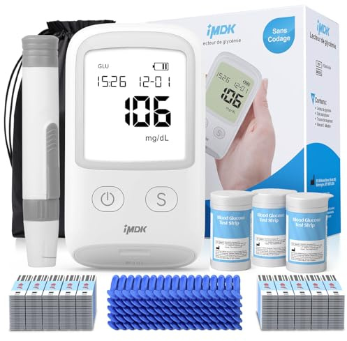 IMDK Blutzuckermessgerät-Set (mg/dl), 𝐊𝐥𝐢𝐧𝐢𝐬𝐜𝐡 𝐩𝐫ä𝐳𝐢𝐬𝐞𝐬 Blutzuckermessgerät mit 100 Teststreifen, 100 Lanzetten und 1 Stechhilfe – codierungsfrei & großes Display