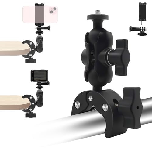 HAFOKO Bike Camera Clamp Mount Double Socket Arm 1/4 360° Ball Head Adapter compatible for Gopro AKASO DJI Action Insta360/DSLR Camera Smartphone Monitor LED Lights for Bike Motorcycle