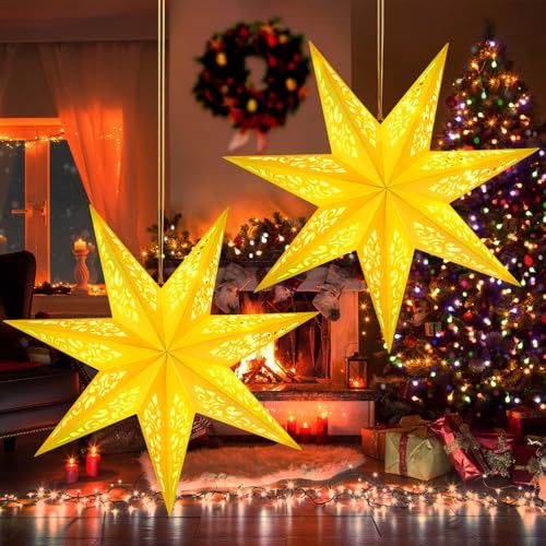 Papierstern zum Aufhängen, 3D Weihnachtsstern Beleuchtet LED Papierstern Beleuchtet, Papierstern mit Beleuchtung, Faltstern Weihnachten Papierstern Lampenschirm Papier Weihnachtsstern Fensterdeko