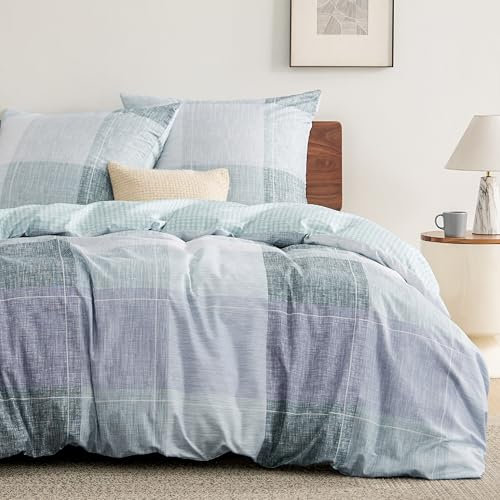 BEDSURE Parure de lit 3 pièces 220 x 240 cm - Housse de couette 240 x 220 cm avec 2 taies d'oreiller 80 x 80 cm - Certifié Öko-Tex - Motif à carreaux - Bleu - Pour lit double - Avec fermeture éclair