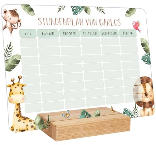 GRAVURZEILE Personalisierter Stundenplan - Tiergruppe mit Namen - Abwischbarer Wochenplaner für Kinder inkl. Stift - Geschenk für die Schultüte zum Schulanfang Einschulung - Farbe: Tiergruppe Safari