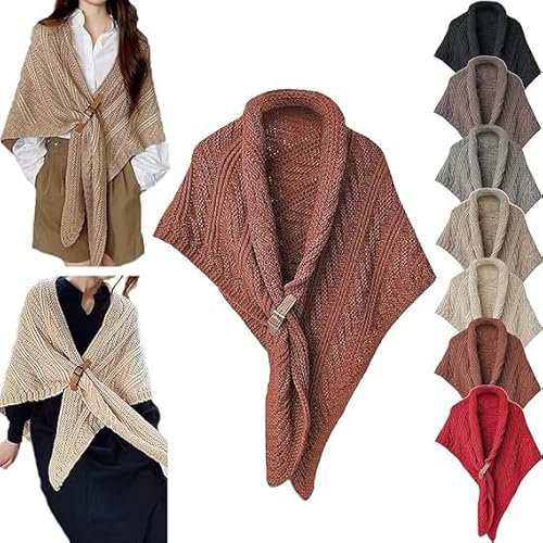 VACSAX Gestrickter Dreiecksschal mit Lederschnalle, Multifunktionaler Dreiecksschal für Damen, Gestrickter Dreiecksschal (Ziegelrot,Einheitsgröße)