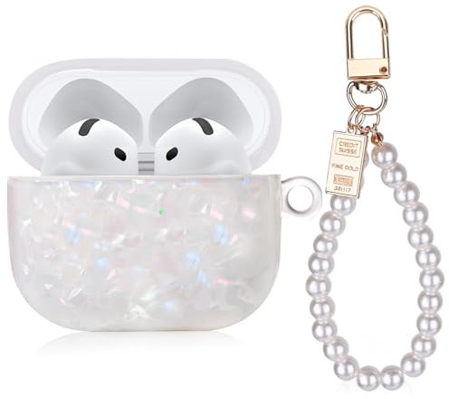 TELAIN AirPods 4 Hülle mit Perlenarmband, Glitzer-Marmor-Design, Hartes TPU-Gehäuse Aktive Geräuschunterdrückung für AirPods 4. Generation 2024