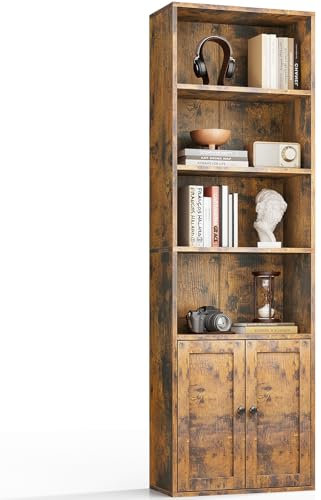 Coleshome Bücherregal mit 6 Ebenen, Regal mit Türen und Schrank, Standregal zur Aufbewahrung und Präsentation für Wohnzimmer, Büro, Schlafzimmer, Braun, 48 x 24 x 176.4