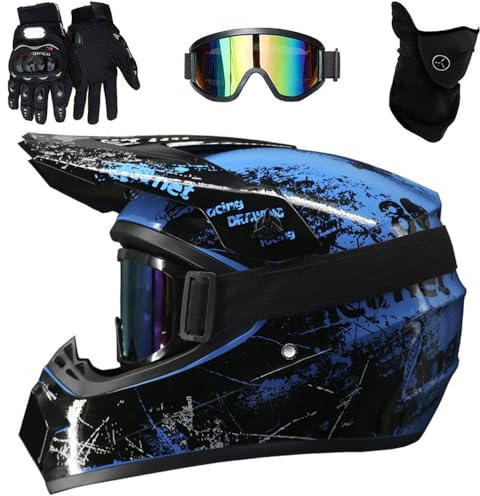 Motocross-Helm, Youth Kid DOT Integralhelm für Offroad-Sportmotorräder, Unisex-Downhill-MTB-ATV-Dirtbike-Helm, mit Schutzbrille, Maske und Handschuhen