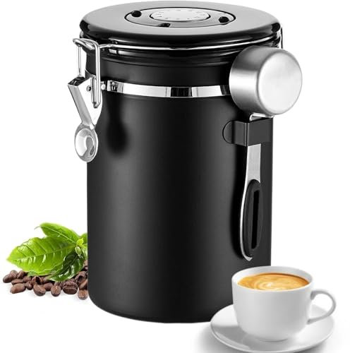 1.8L Airtight Coffee Canister – Stainless Steel Container with Date Tracker, Measure Scoop & CO2 Valve, Airtight Jar for Coffee Bean Storage, Kitchen Storage Container for Beans, Grounds, Tea, Sugar