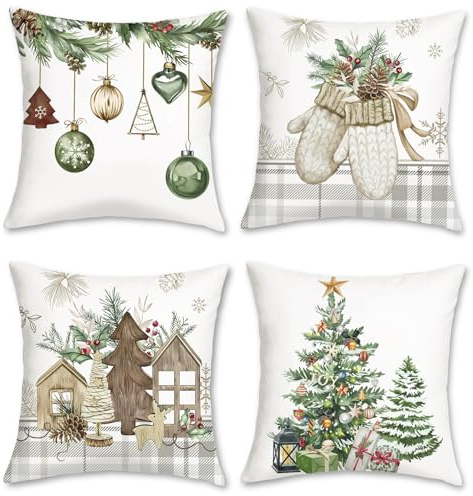 COZZSNUGE Fundas Cojines Navidad Fundas de Almohada Guantes Bolas Árbol de Navidad Cajas de Regalo Decorativas para Sofá Cama Hogar 45 x 45 cm Juego de 4