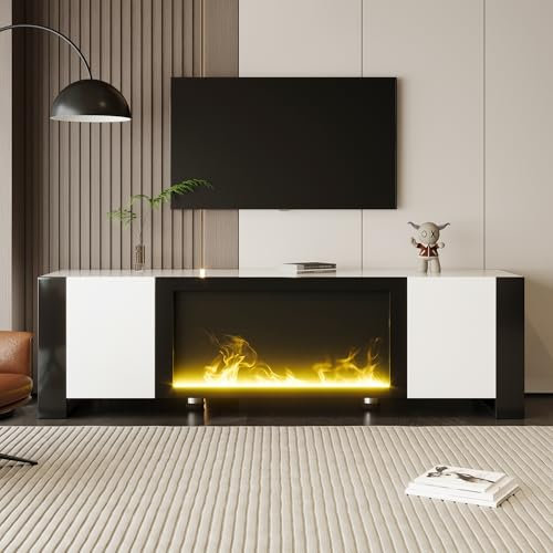 Mueble de TV de 165 cm, armario bajo con chimenea eléctrica efecto llama, sin función de calefacción, alto brillo, mueble de TV a juego, 165 x 55 x 32 cm