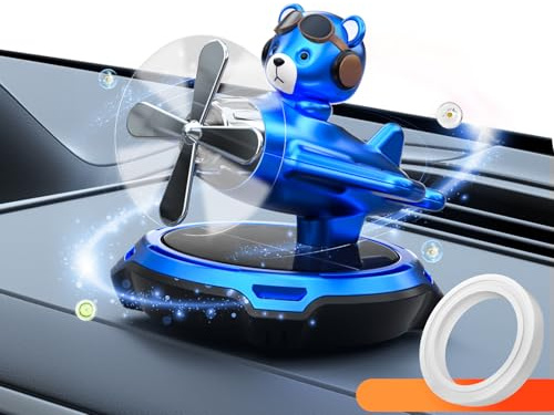 Kwak's Solar Auto Lufterfrischer, Cartoon Cute Bear Pilot Automotive Lufterfrischer Diffuser Kreative Auto Parfüm Dekoration für Auto mit Aromatherapie Ring für Frauen Männer (Blau, Ocean)
