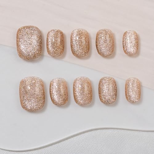 Sun&Beam Nails Handmade Press-On Nails Short Squoval Champagne (#268 M) | Handmade 10-piece set in champagne gold glitter with subtle shimmer and a clean full-cover look