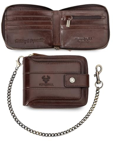 FANDARE Diebstahlsicher Geldbörse für Männer mit RFID-Blockierung Reißverschluss Leder-Geldbörse Bifold-Kartenhalter mit 13 Kartenfächern & ID-Fenster & Münzfach für Business Reisen Braun