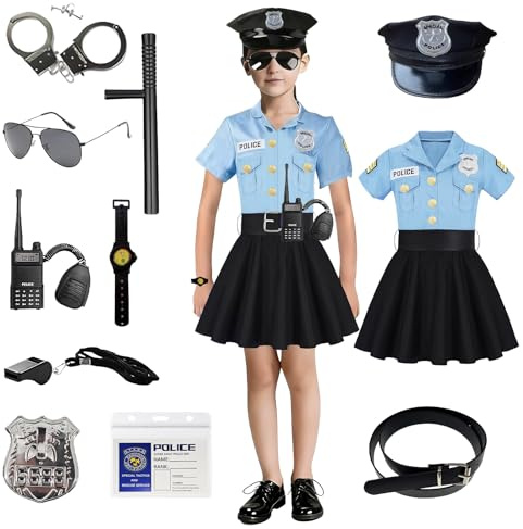 Aniepaa Disfraz Policia Niña, Disfraz Carnaval Niña, FBI Disfrazs Policía Niñas con Esposas Gorra Placa, Reloj Tarjeta Identificación Policial Walkie-Talkie Silbato y Porra para Carnavals Cosplay