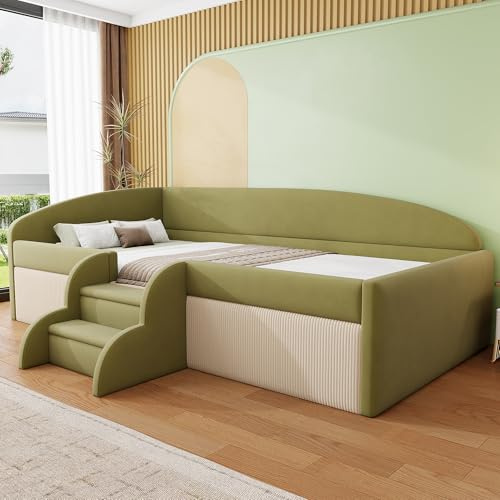 Dolamaní Kinderbett Polsterbett 90x190 cm Samt, Bett mit Lattenrost & Stufen, Rausfallschutz Design, Jugendbett für Jungen & Mädchen, Jugendzimmer Bettgestell, ohne Matratze(A: Dunkelgrün + Cremeweiß)