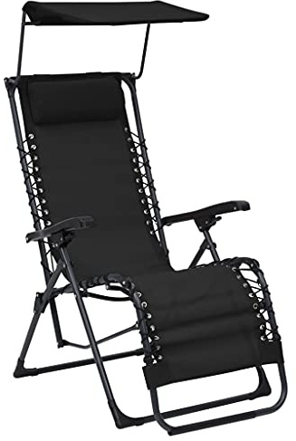 QUAHEAS Klappbarer Liegestuhl Schwarz Textilene, Verstellbarer Gartenstuhl mit Sonnendach, Robuster Relaxsessel für Balkon, Terrasse, Pool, wetterfest