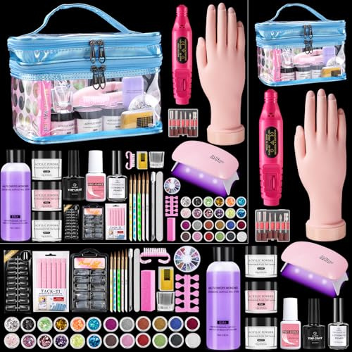 Acrylic Nail Kit for Beginners with Everything, Practice Hand & Gift Bag | Nail Starter Kits with 3 Acrylic Powder,Monomer,UV Lamp, Drill,Nail Art Decoration Tools Manicure Full Set for Home Salon Use