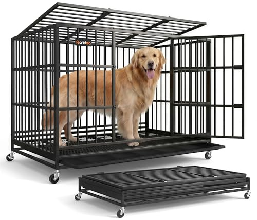 Feandrea Heavy-Duty Dog Crate, 5-Minute Quick Assembly, Foldable Dog Kennel Cage with Lockable Wheels, Double Doors, Escape Proof Fixed Bottom, Ink Black, 122 x 75 x 88 cm PPD035BH01