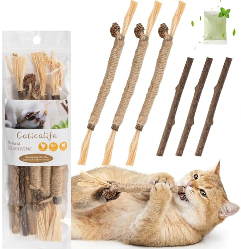 Caticalife 6Pcs Silvervine Sticks for Cats with Catnip Bag, Cat Chew Toys for Teeth Cleaning and Anxiety Relief, Natural Dental Care Kit for Indoor Cats & Kittens