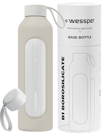 Wessper Bouteille en Verre 1l, Gourde motivation avec étui - écru