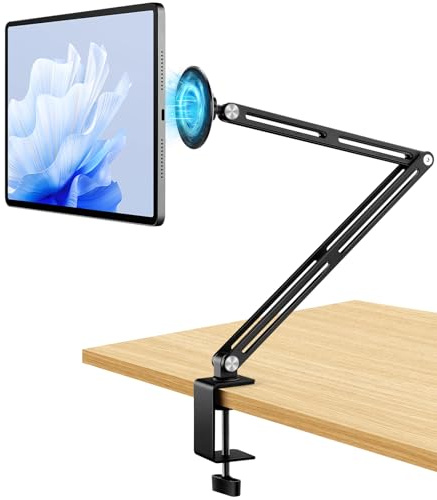 Magnetic iPAD Stand for Desk Aluminum Alloy Tablet Desk Clamp Holder Overhead Arm Mount Portable Monitor Arm with 360°Rotate Base for Magsafe iPad, mini, Air, Pro,Samsung,Google,Kindle Accessories
