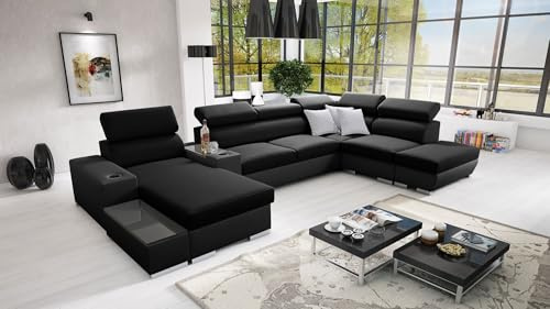 IM SOFA PERS V XXL Ecksofa U-Form mit Bettfunktion Wohnlandschaft Couch Wohnzimmer freistehend verstellbare Kopfstützen 3 Dekokissen modernes (Schwarz Sawana + Schwarzes Kunstleder, Links)