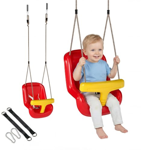 AIYAPLAY Columpio Infantil Columpio para Niños Cuerda Ajustable Rojo | Respaldo Alto, Barandilla de Seguridad en T, para Interior, Exterior