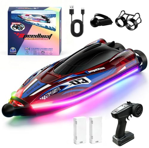 Bateau Télécommandé Vitesse 30 Km/H À Moteur Sans Balais, Recentrage Automatique À 360°,Bateau Rc Lumières Led, Résistant Aux Chocs Et Étanche, Radiocommandé 2,4 Ghz Pour Enfants Et Adulte