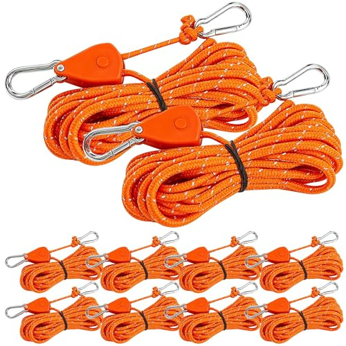 10 Tenditori a Cricchetto 4 m, Corda Campeggio con Moschettone | Corda in nylon da 4 mm, regolabile fino a 34 kg per pezzo, ideale come tiranti per vela ombreggiante, tende e lampade