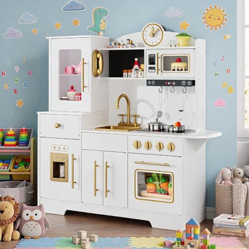 Cocinita Infantil, Cocina Juguete, Cocina Infantil de Madera, Cocina Grande de Imitación con Horno,Microondas y Fregadero,para Niños Desde 3 Años,Cocina de Juguete para Interior/Exterior, 100x86x30cm