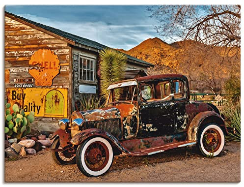 ARTLAND Wanddeko Leinwand Bilder Wandbild USA Westen Arizona Tankstelle Fahrzeuge Auto Oldtimer Route 66 Nostalgie Retro Q3ST
