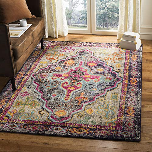 SAFAVIEH Tapis Boho Pour Salon, Salle à manger, Chambre à coucher - Monaco Collection, Tapis à poil court, Gris et Fuchsia, 122 X 170 cm