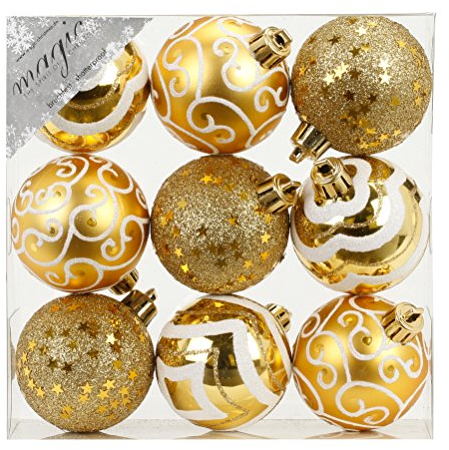 9 STK. Christbaumkugeln 6cm Ornament Dekor Motive Kunststoff bruchfest Dekokugeln Weihnachtskugeln Baumkugeln Baumschmuck Set Christbaumschmuck Weihnachtsschmuck 60mm Gold