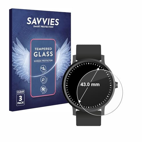 Savvies Panzer Schutz Glas für Armbanduhren (Kreisrund, ø: 43 mm) (3 Stück) 9H Hartglas, Anti-Fingerprint, Displayschutz