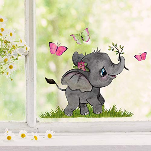 ilka parey Fensterbild Frühling Elefant mit Schmetterlinge - Fensterbilder Frühling selbstklebend - Fensterdeko Frühling wiederverwendbar - Ihre eigene Frühlingsgeschichte in jedem Fenster (bf47)