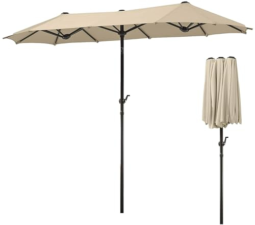 FISHTEC - Parasol de Jardin Ovale XXL 7m² - Résistant au Vent, Pliable avec Manivelle - Idéal pour Terrasse et Jardin - Jusqu'à 12 Personnes à l'Ombre - 231 x 196 x 380 cm - Beige