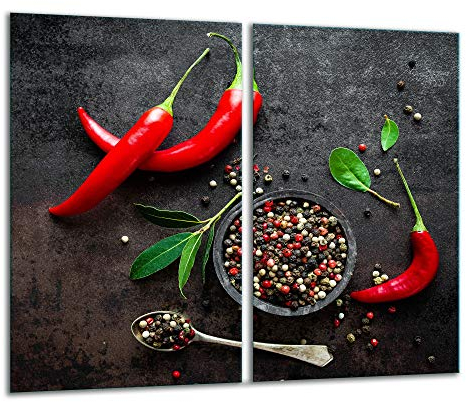 TMK | Herdabdeckplatten 2 Teilig 2x30x52 cm Ceranfeldabdeckung Küche Elektroherd Induktion Herdschutz Spritzschutz Glasplatte Schneidebrett Rot Paprika