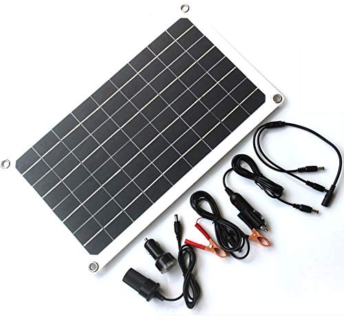 NUZAMAS - Célula monocristalina de panel solar semiflexible de 20 W y 18 V, con doble enchufe USB, pinzas de cocodrilo y CC para baterías de coches, yates y barcos de 12 V, cargador para exteriores
