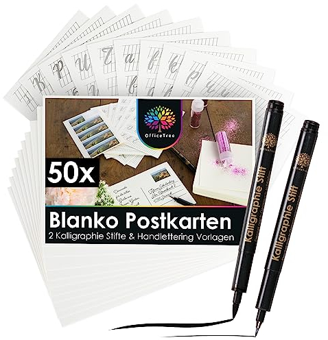 OfficeTree 50 Postkarten Blanko A6 - Inkl. 2 Kalligraphie Stifte und 12 Vorlagen - Blanko Postkarten zum Selbstgestalten - Weiß/Leer