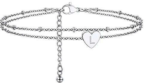 PROSTEEL Bracelet de Cheville Femme en Acier Inoxydable avec Coeur Initiale Double Chaîne du Pied Ajustable 22+5cm