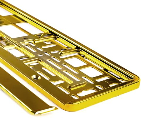 2 x Kennzeichenhalter Chrom GELB Gold Kennzeichenhalterung Vollverchromt im Set mit 8 Befestigungsschrauben, Montageanleitug, KFZ Schein Schutzhülle GRATIS